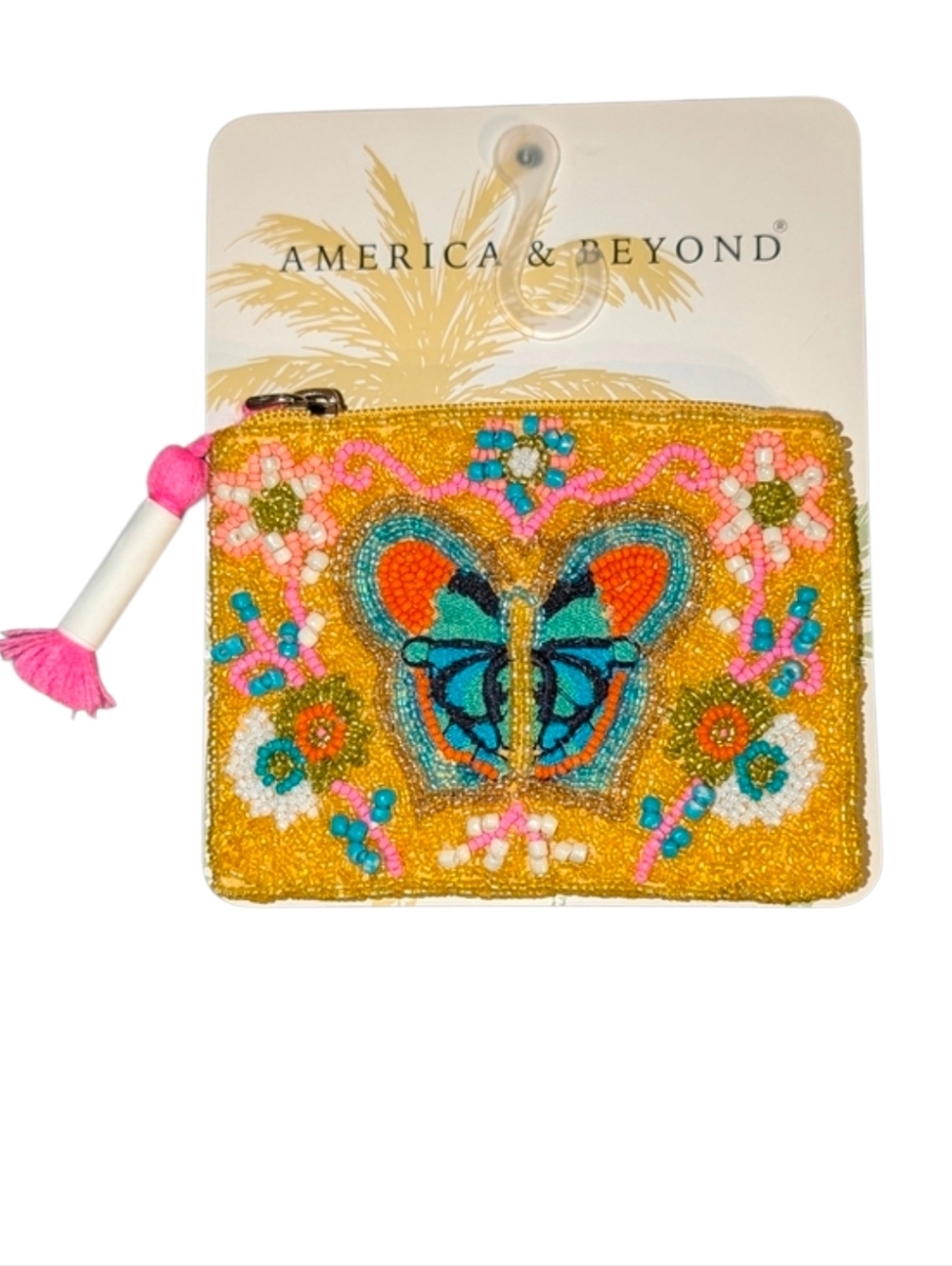 ๐โช๏ธAmerica & Beyondโช๏ธ Yellow Beaded Butterfly Coin Purse with Pink Tassel